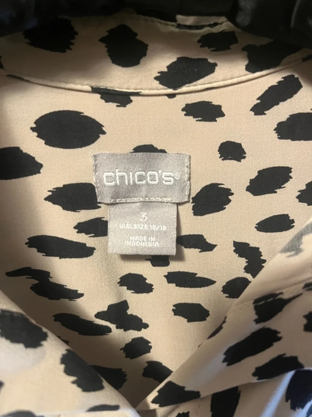 Chico's Taupe and Black Dotted Button-Front Blouse - Picture 2 of 5